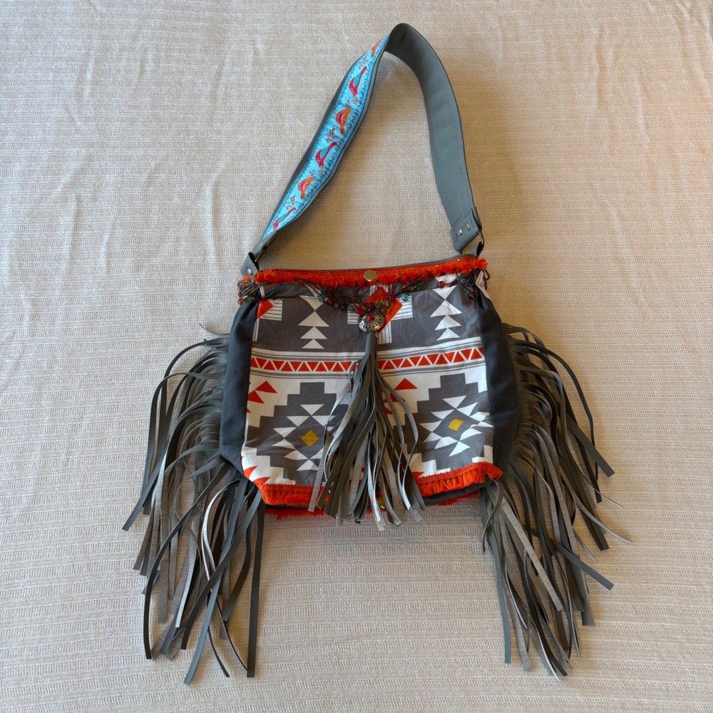 AB Creations Southwestern Fringe Crossbody Bag Grey Orange Geometric Beaded Boho